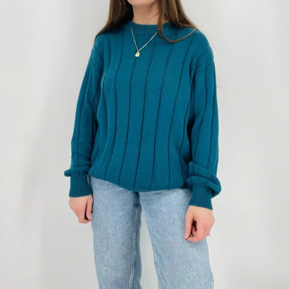 Vintage Other - vintage retro slouchy ribbed ramie cotton blend crewneck sweater turquoise blue